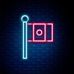 Glowing neon line Mexico flag on flagpole icon isolated on brick wall background. Colorful outline concept. Vector