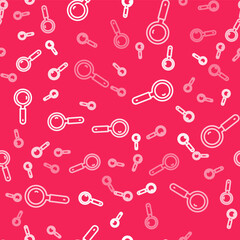 White line Magnifying glass icon isolated seamless pattern on red background. Search, focus, zoom, business symbol. Vector