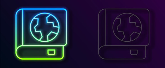Glowing neon line Earth globe and book icon isolated on black background. World or Earth sign. Global internet symbol. Geometric shapes. Vector