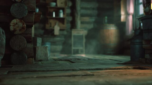 dark interior of retro log house