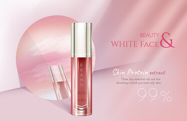 Luxury skin care ads. Glass bottle on a simple pink background with mirrors reflecting pastel sky.