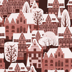 City Winter seamless pattern. European old architecture , houses trees snow. Vector illustration