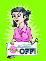 seller holding cardboard for discount vector illustration eps 10