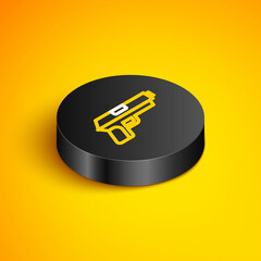 Isometric line Pistol or gun icon isolated on yellow background. Police or military handgun. Small firearm. Black circle button. Vector