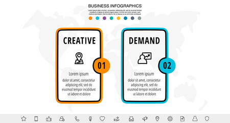 Hand-drawn vector line infographics with 2 rectangles and icons. Flat chart process template with two steps. Modern timeline for business project, presentation, web, diagram, content