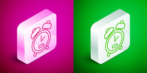 Isometric line Alarm clock icon isolated on pink and green background. Wake up, get up concept. Time sign. Silver square button. Vector