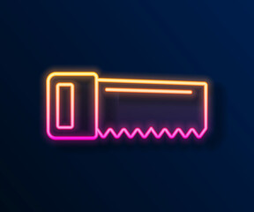 Glowing neon line Hand saw icon isolated on black background. Vector