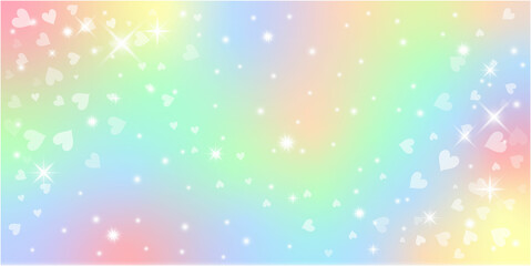 Rainbow fantasy background. Holographic illustration in pastel colors. Cute cartoon girly background. Bright multicolored sky with bokeh and hearts. Vector.