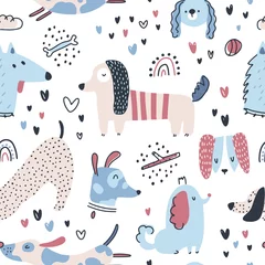 Tafelkleed Dogs seamless pattern. Cute animals in simple naive hand-drawn Scandinavian trendy cartoon style. Ideal for a nursery, baby clothes, textiles, packaging. Vector background. © Світлана Харчук