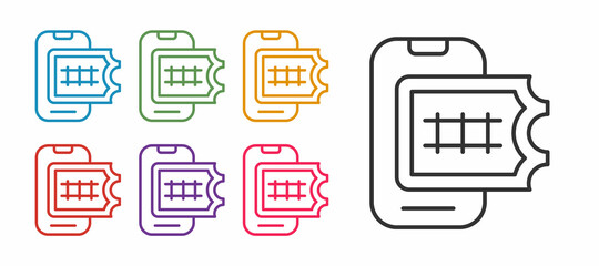 Set line Online ticket booking and buying app interface icon isolated on white background. E-tickets ordering. Electronic train ticket on screen. Set icons colorful. Vector