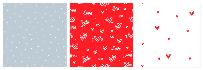 I love you vector seamless pattern with handwritten text and coordinating heart designs in red, white and grey colors for Valentines day or any romantic occasion.