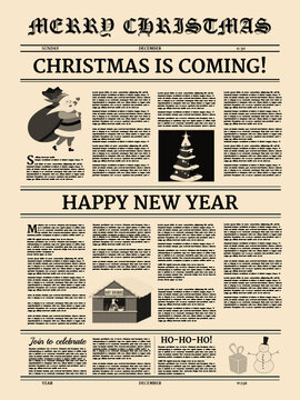Poster Christmas newspaper old paper retro style. Greering Merrry Christmas and Happy new Year. Vector illustration decoration design