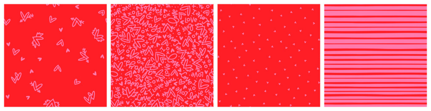 Romantic Valentines day vector background set. Colorful red and pink repeat designs for love holiday low contrast different seamless pattern collection.