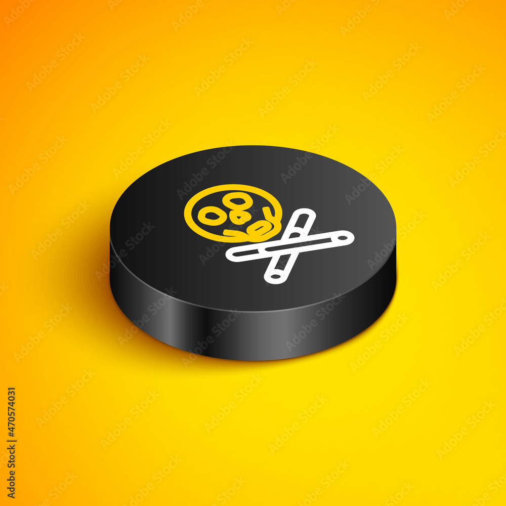 Poster isometric line bones and skull as a sign of toxicity warning icon isolated on yellow background. bla