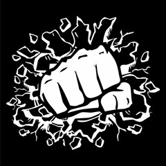 Hand, fist punching or hitting. Black and white vector illustration