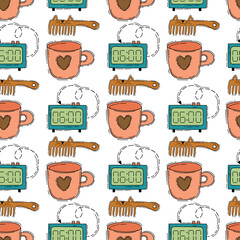 Seamless pattern about morning routine with a cup of coffee, an alarm clock and a comb on a white background in a cartoon style.
