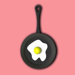 a fried egg in frying pan on pastel purple red backgrounds. top view of hot device. chicken egg is grilled. Square image. 3D image. 3D rendering.