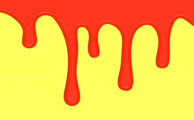 Red paint flows on yellow background. Red liquid. Drops of blood. Red water is flowing. Yellow background. Horizontal image. 3D image. 3D rendering.