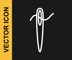 White line Needle for sewing with thread icon isolated on black background. Tailor symbol. Textile sew up craft sign. Embroidery tool. Vector