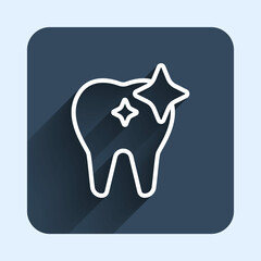 White line Tooth whitening concept icon isolated with long shadow background. Tooth symbol for dentistry clinic or dentist medical center. Blue square button. Vector