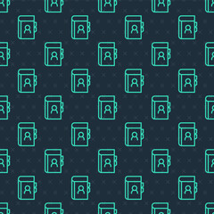 Green line Phone book icon isolated seamless pattern on blue background. Address book. Telephone directory. Vector