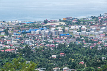  ariel panoramic view of old city and skyscrapers with the sea from the mountains