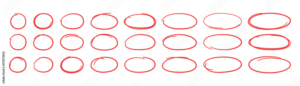 Poster hand drawn red ovals and circles set. ovals of different widths. highlight circle frames. ellipses i