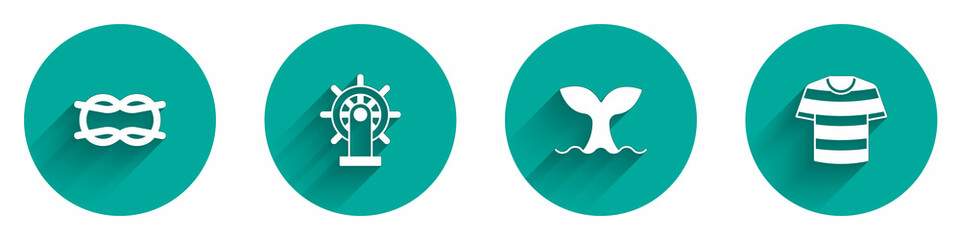 Set Nautical rope knots, Ship steering wheel, Whale tail and Striped sailor t-shirt icon with long shadow. Vector