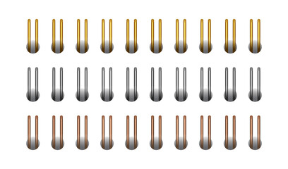Gold, silver, copper and horizontal spiral for open notebook and calendar. Gold spiral wire bindings for sheets of paper. Set vector illustration isolated on realistic style on white background.