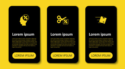 Set Location with cardboard box, Scissors cuts discount coupon and Discount percent tag. Business infographic template. Vector