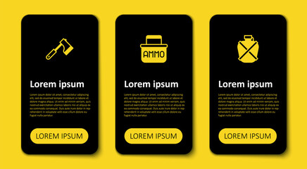 Set Canteen water bottle, Ammunition box and Wooden axe. Business infographic template. Vector