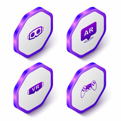 Set Isometric Virtual reality glasses, Augmented AR, and Gamepad icon. Purple hexagon button. Vector