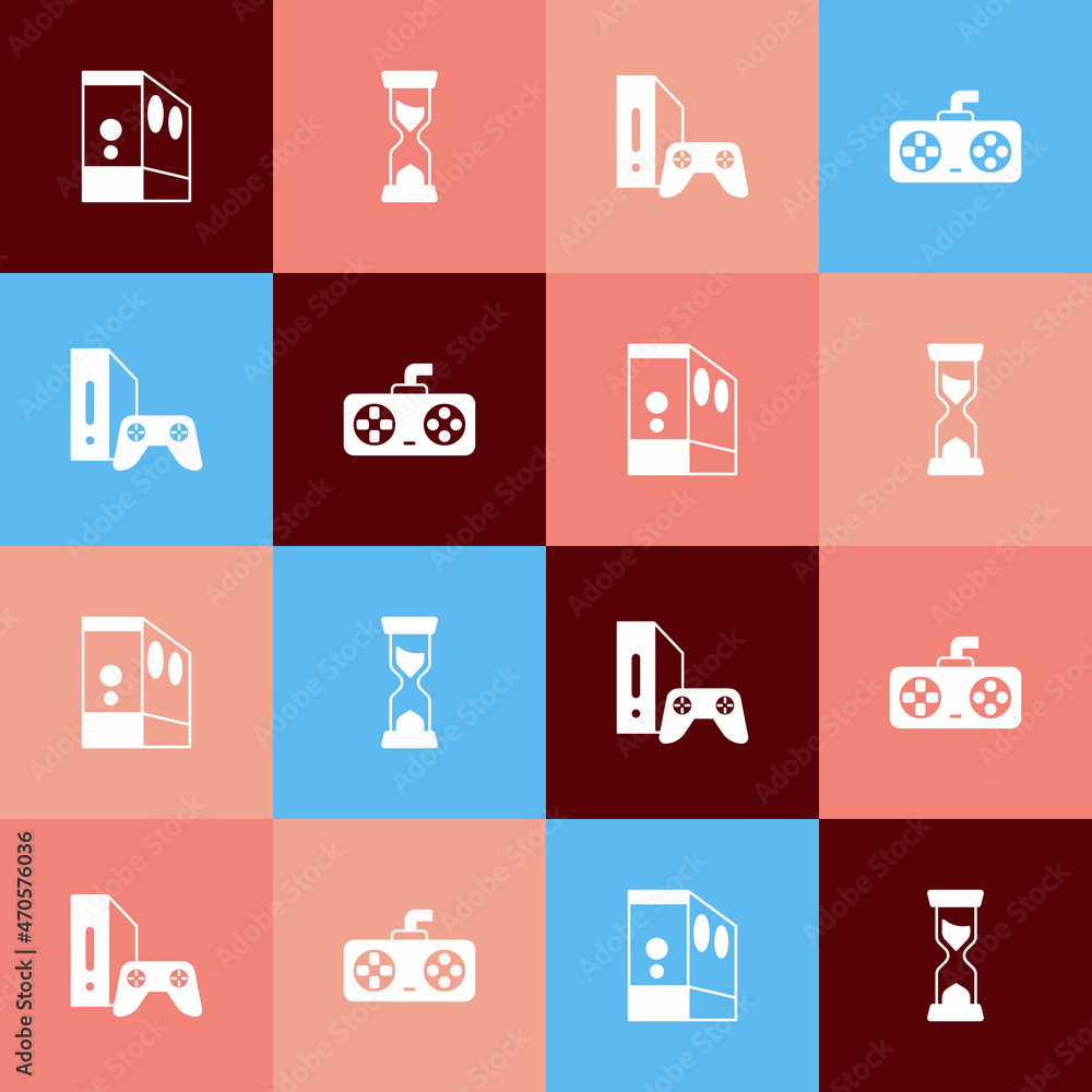 Poster set pop art case of computer, old hourglass, game console with joystick and controller or icon. vect