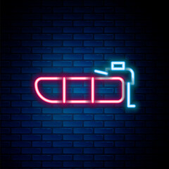 Glowing neon line Inflatable boat with outboard motor icon isolated on brick wall background. Colorful outline concept. Vector