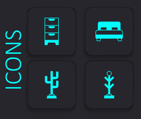 Obraz premium Set Coat stand, Chest of drawers, Big bed and icon. Black square button. Vector