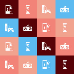 Set pop art Case of computer, Old hourglass, Game console with joystick and controller or icon. Vector