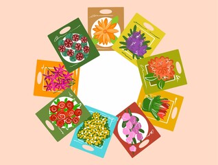 The illustration is in color. Bags of flower seeds in a circle with a place for the inscription. A bright postcard banner for your design. Vector.