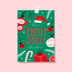 Have a Holly Jolly Christmas. Holiday greeting card with handwritten modern lettering. Xmas hand drawn design elements - 470576084