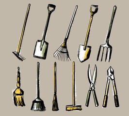 A set of garden tools. Shovel rake pitchfork broom and scissors. Illustration in the style of a careless sketch. Vector on an isolated background.