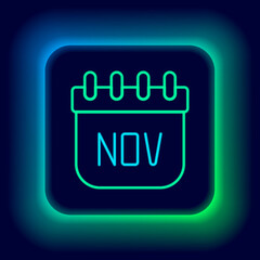 Glowing neon line November calendar autumn icon isolated on black background. Colorful outline concept. Vector