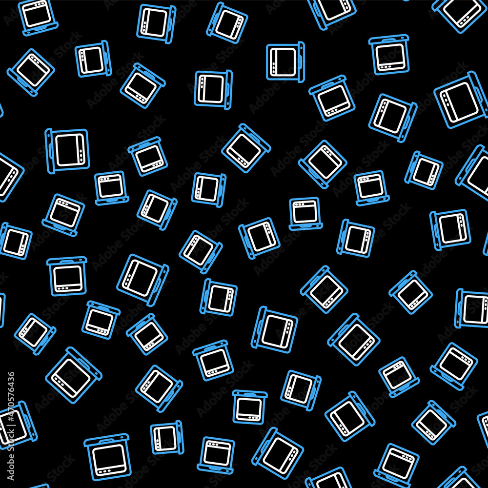 Poster line laptop with browser window icon isolated seamless pattern on black background. computer noteboo