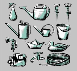 A set of illustrations for watering plants, watering can bucket sprayer hose. Illustration in the style of careless sketch and scrapbooking. Vector on an isolated background.