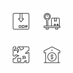 Set line Warehouse price, Broken cardboard box, Carton and Scale with icon. Vector