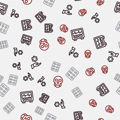 Set line Cross hospital medical, Monitor with cardiogram, Pills in blister pack and Skull on seamless pattern. Vector