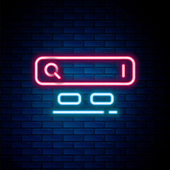 Glowing neon line Search engine icon isolated on brick wall background. Colorful outline concept. Vector