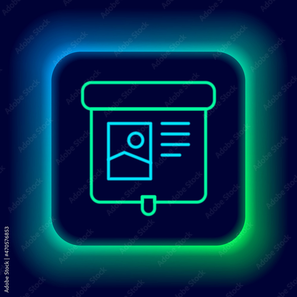 Poster glowing neon line projection screen icon isolated on black background. business presentation visual 