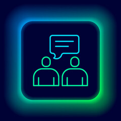 Glowing neon line Two sitting men talking icon isolated on black background. Speech bubble chat. Message icon. Communication or comment chat symbol. Colorful outline concept. Vector