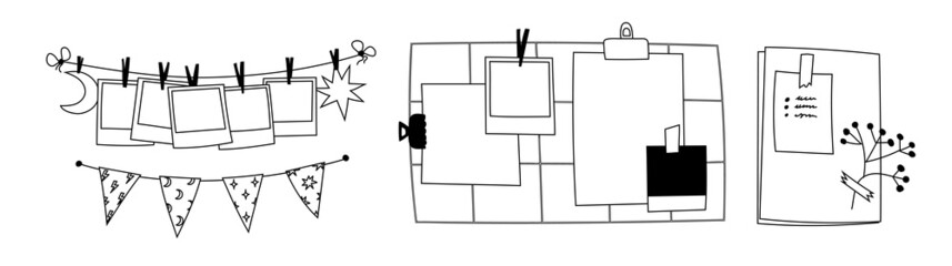 Hand-drawn photo cards pinned to a rope. Doodle garland of flags. Clothespins on a string with pictures. Wall grid for photos, memories, notes. DIY grid outline. Blank vector page with notes isolated.