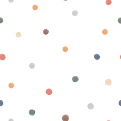 Beautiful seamless pattern with cute hand drawn watercolor colorful dots. Stock illustration.