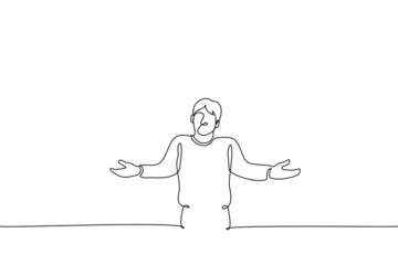 man shrugs his shoulders spreading his arms to the sides - one line drawing vector. confusion gesture, nothing can be changed, it remains only to accept
